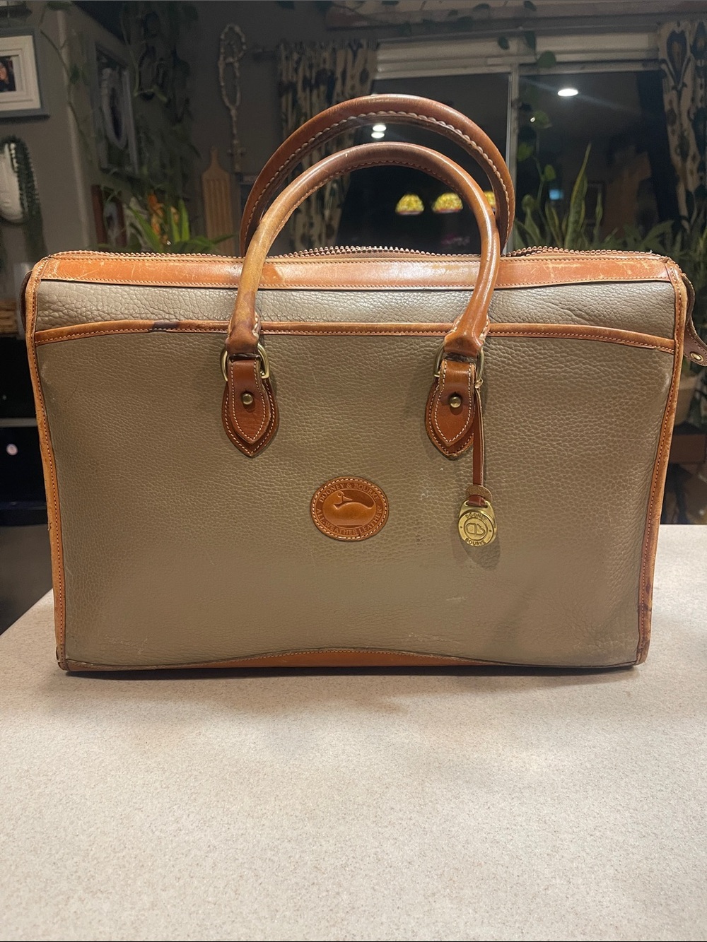 Dooney & Bourke Tan Canvas Briefcase with Chestnut Leather Trim